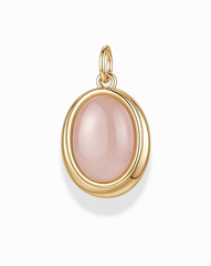 The Rory Gemstone Charm by Mod + Jo features an oval-shaped, polished Rose Quartz gemstone set at the center, symbolizing self-love, and hangs from a small 14k gold loop against a white background.