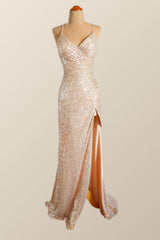 Champagne Sequin Ruched Fitted Long Prom Dress