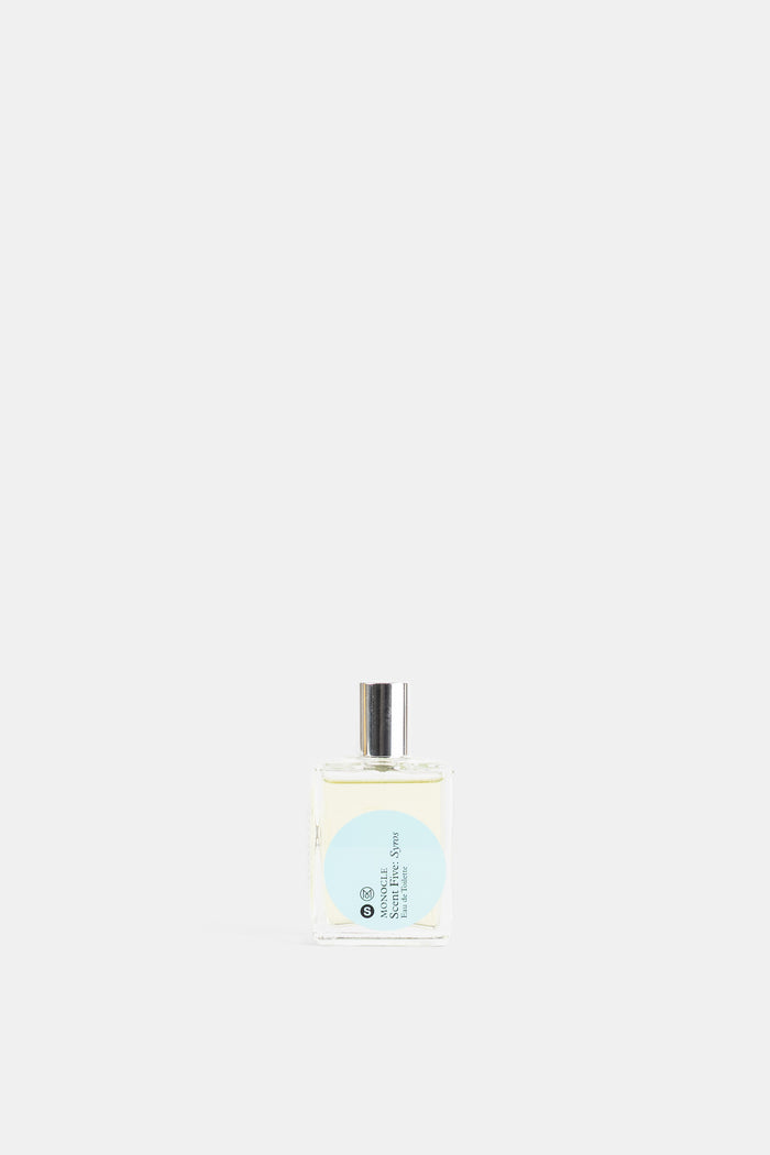 Monocle x Comme des Garçons Scent Five Syros Eau de Toilette 50ml flacon transparent minimaliste étiquette bleue ciel