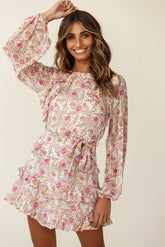 Dusk Long Sleeve Waist Tie Frill Dress Floral Print Beige