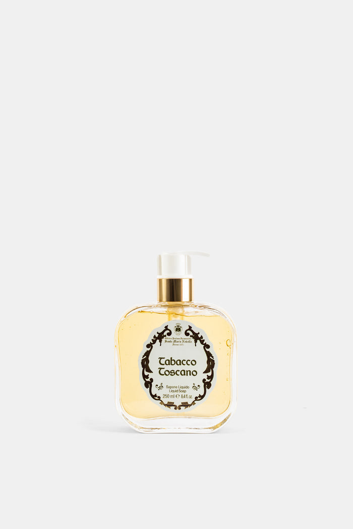 Santa Maria Novella savon liquide Tabacco Toscano 250ml flacon verre ambré pompe dorée