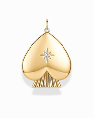 Mod + Jo's Veya Spade Charm features a 14k gold spade-shaped pendant with a sparkling diamond set at the center, surrounded by a starburst crystal design and detailed lines at the base, all suspended from a small loop.