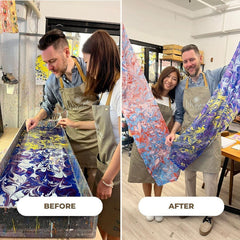 Couple creating colorful marbled fabric art at Mosaic Art Studio, showing before and after results