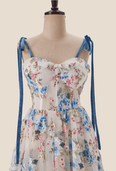 Blue Floral Tea Length A-line Party Dress