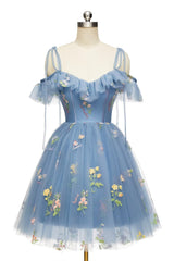 Blue Floral Ruffle A-line Homecoming Dress