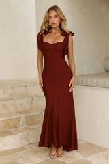 Elegant Twist Front Tie Shoulder Maxi Dress Burgundy