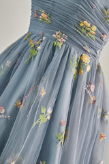 Blue Floral A-line Short Party Dess