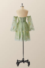 Green Floral Corset A-line Dress with Puff Sleeves