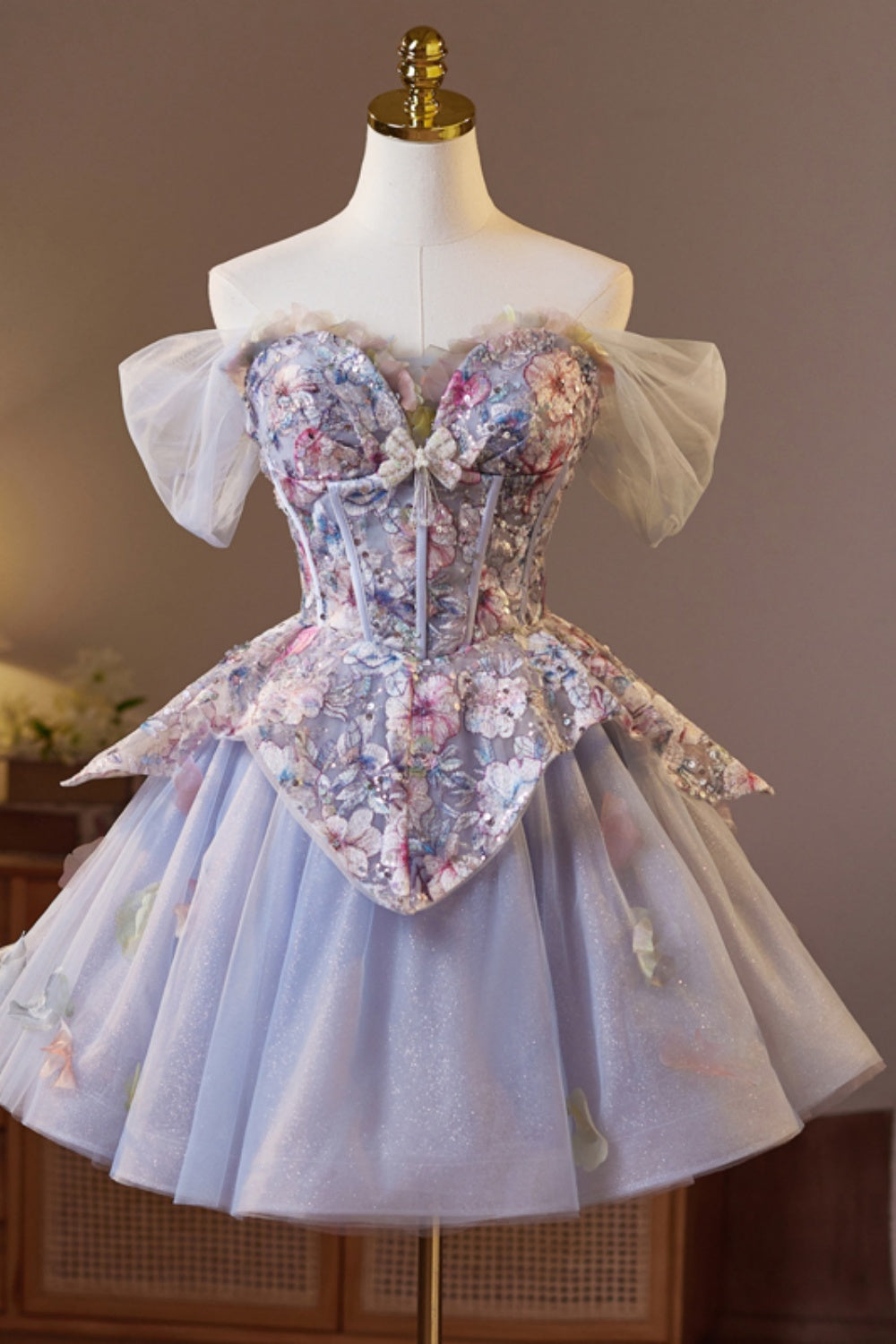 Off the Shoulder Purple Embroidery A-line Short Ball Gown