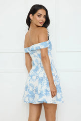 Dewy Blossom Off Shoulder Mini Dress Blue