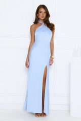 Élégance Halter Satin Maxi Dress Blue