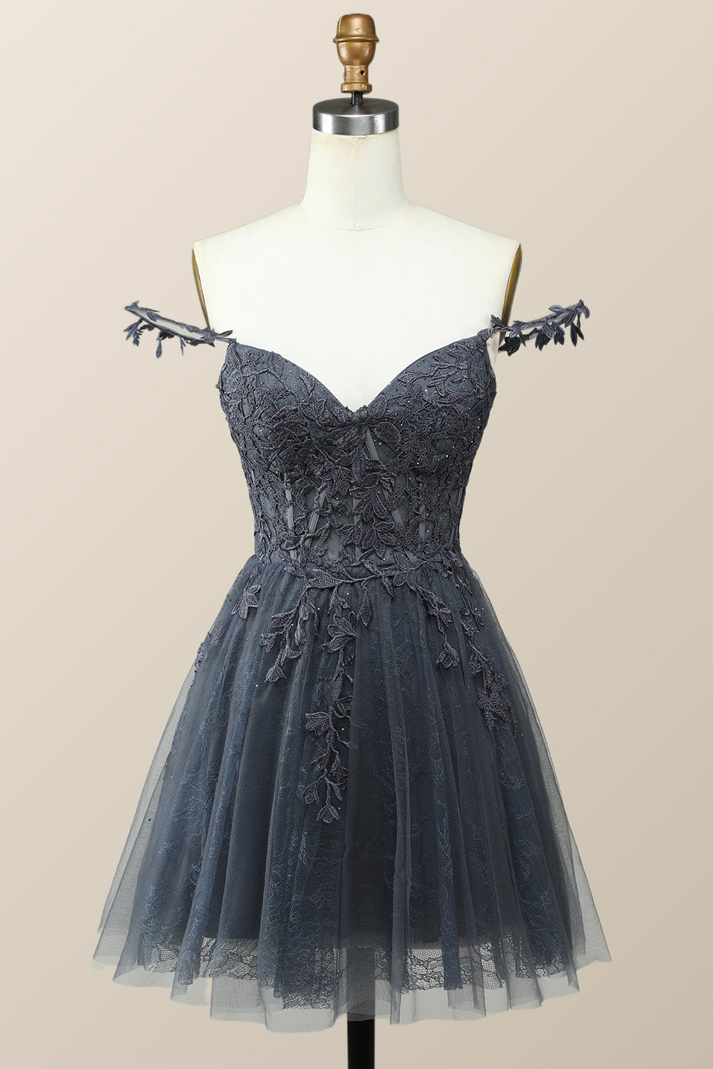 Navy Blue A-line Lace Appliques Short Homecoming Dress