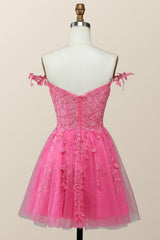 Off the Shoulder Hot Pink Lace Short Homecoming Dress