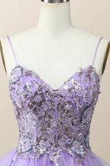 Beaded Lavender Ruffles A-line Long Prom Dress