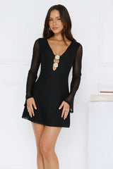 Champagne Aura Mesh Long Sleeve Mini Dress Black