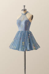 High Neck Blue Floral A-line Short Dress