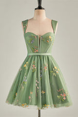 Cap Sleeves Green Floral Short Dress