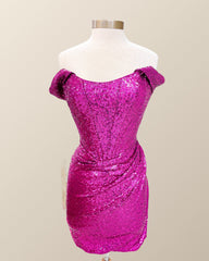 Off the Shoulder Fuchsia Sequin Mini Dress
