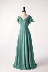 Flare Sleeves Eucalyptus Chiffon Long Bridesmaid Dress