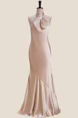Cross Halter Champagne Satin Long Party Dress