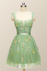 Cap Sleeves Blue Floral A-line Short Dress