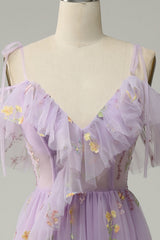 Lavender Floral Ruffles Tulle A-line Long Prom Dress