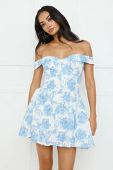 Dewy Blossom Off Shoulder Mini Dress Blue