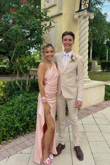 One Shoulder Red Ruched Long Dress with Slit
