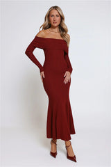 After Hours Aura Knit Off Shoulder Maxi Dress Wine