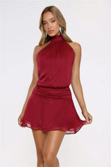 Flirty Halter Shimmer Mini Dress Wine