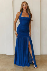 Evelyn Luxe Mesh Halter Maxi Dress Teal