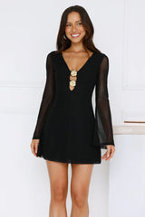 Champagne Aura Mesh Long Sleeve Mini Dress Black