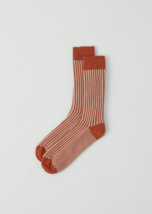 Vertical Stripe Cotton Socks | Brick/Ecru