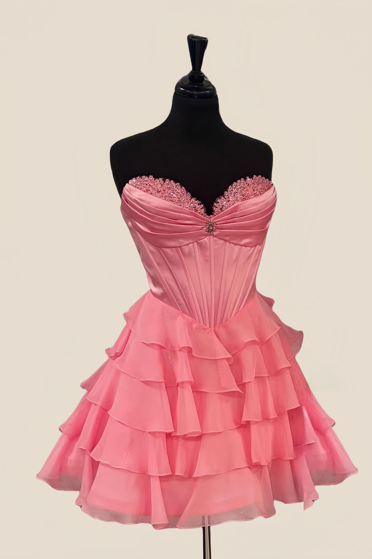 Appliques Neck Pink Corset Tiered Short Dress
