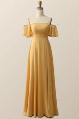 Off the Shoulder Yellow Chiffon Long Bridesmaid Dress