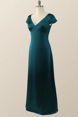 Cap Sleeves Dark Green Satin Long Bridesmaid Dress