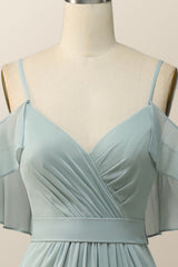 Cold Sleeves Green Chiffon Pleated Long Bridesmaid Dress