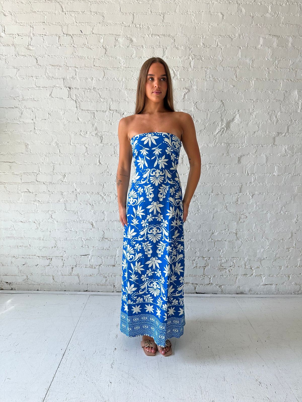 Caden Blue Tropical Strapless Maxi Dress