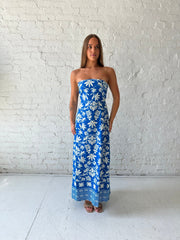 Caden Blue Tropical Strapless Maxi Dress