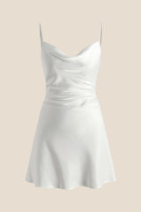 Cowl Neck White Back Tie A-line Short Dress