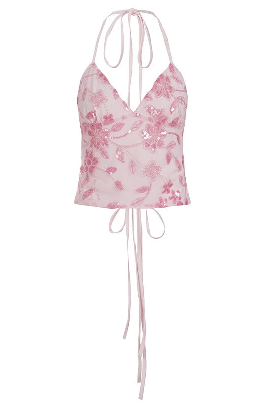 Pink Beaded V Neck Fitted Top