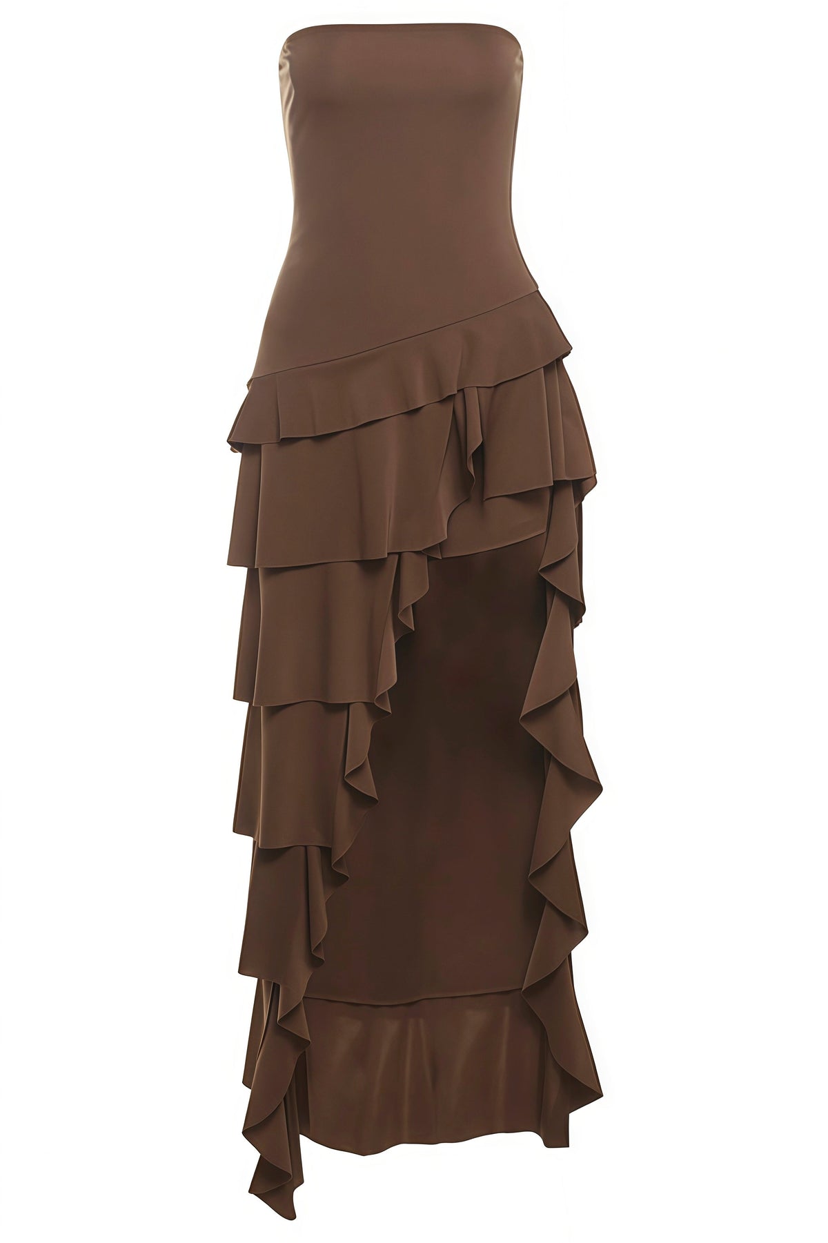 Brown Strapless Asymmetric Ruffle Long Dress