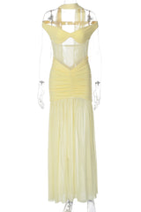 Off the Shoulder Yellow Sheer Mesh Long Dress