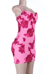 Hot Pink Jacquard Floral Fitted Short Dress