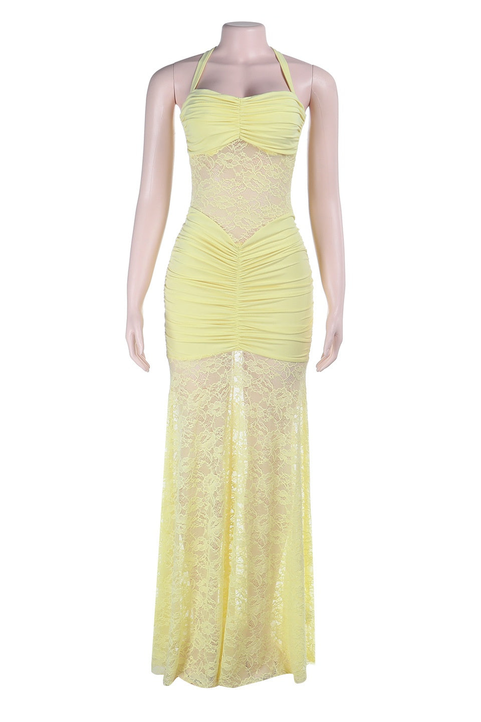 Halter Yellow Lace Sheer Fitted Long Dress