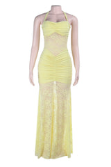 Halter Yellow Lace Sheer Fitted Long Dress