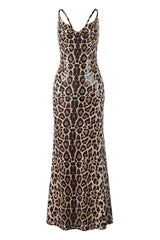 Leopard Sequin Cowl Neck Fitted Long Dress