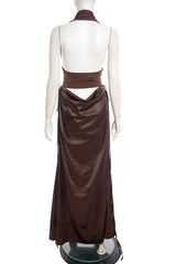 Brown Halter Draped Satin Dress