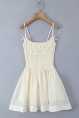 Beige Bow Spaghetti Strap Ruched Short Skirt