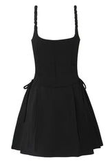 Black Square Lace Neck  Bow Short Dress